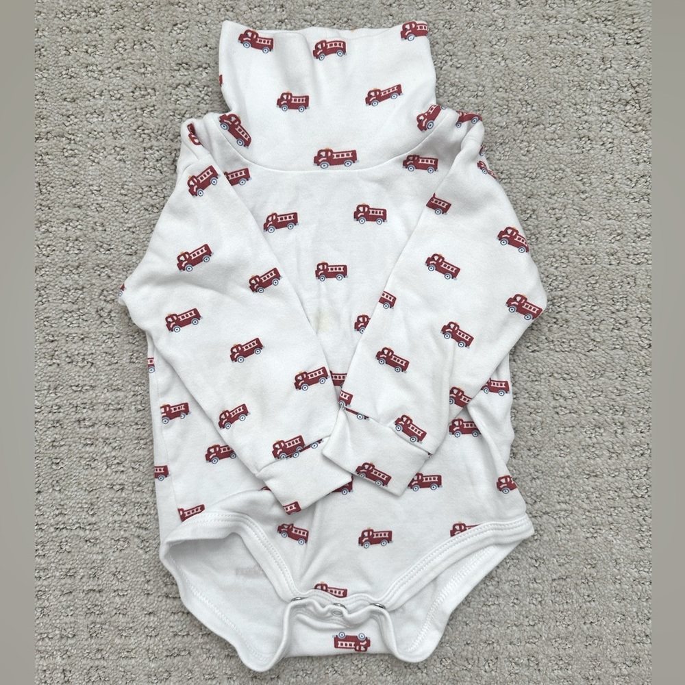 Little English White Onesie with Red Fire Truck Design